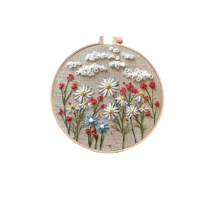 Färgglatt broderikit för nybörjare med blomstertema, komplett med träram och verktyg för enkel start.