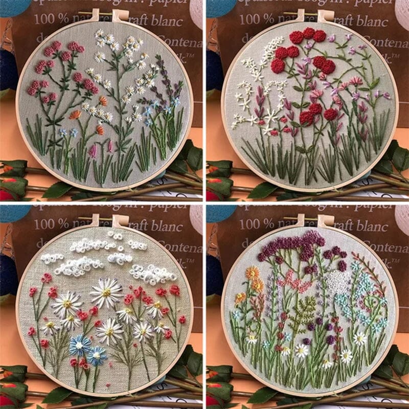 Färgglatt broderikit för nybörjare med blomstertema, komplett med träram och verktyg för enkel start.