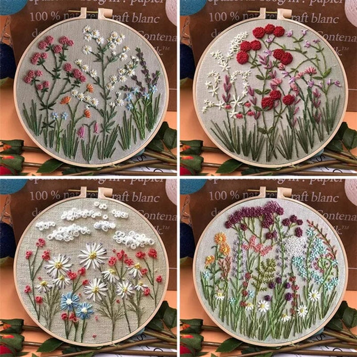 Färgglatt broderikit för nybörjare med blomstertema, komplett med träram och verktyg för enkel start.