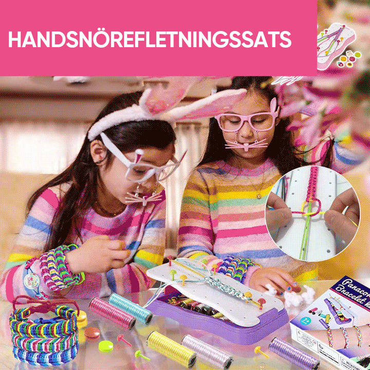 "Färgglatt DIY handflätset för barn med rep och tillbehör, främjar kreativitet och handfärdigheter med säkra material."