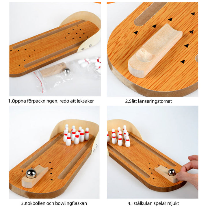 "Färgglatt mini bowling träspel för barn, med käglor och kula, perfekt för lek och träning av motorik."