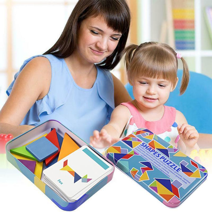 Färgglatt pedagogiskt formpussel med träblock för barn och vuxna, främjar kreativitet och finmotorik.