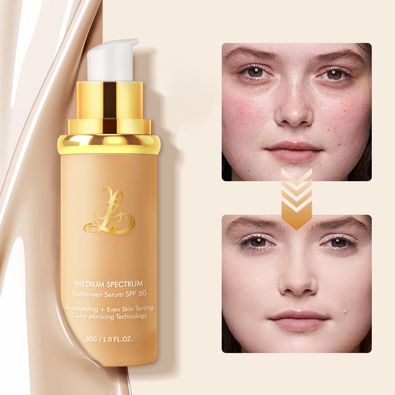 "Färgskiftande flytande foundation, elegant flaska, för alla hudtoner. Ger naturlig finish, långvarig täckning."