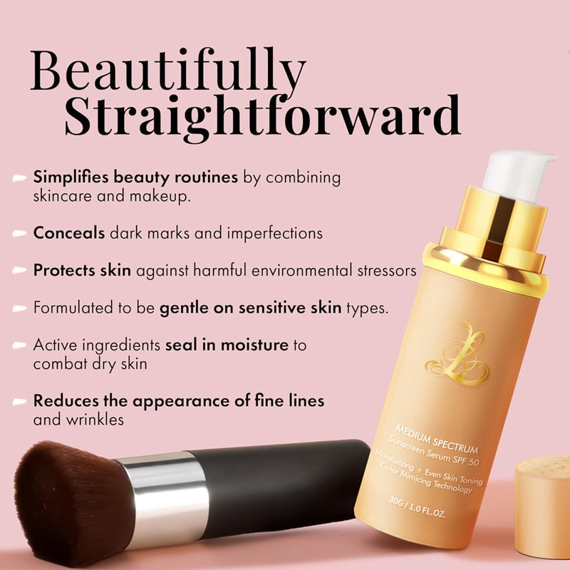 "Färgskiftande flytande foundation, elegant flaska, för alla hudtoner. Ger naturlig finish, långvarig täckning."
