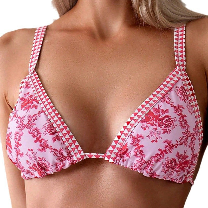 Blommig triangelbikini topp för damer. Med justerbara band, feminint strandmode och poolkläder för sommaren.