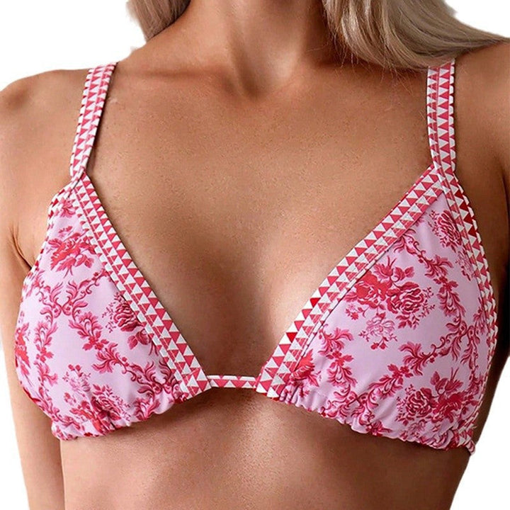 Blommig triangelbikini topp för damer. Med justerbara band, feminint strandmode och poolkläder för sommaren.