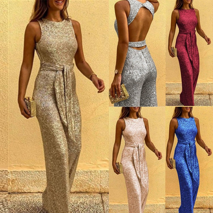 Stilren festklänning i jumpsuit-format med glitter för modemedvetna kvinnor.
