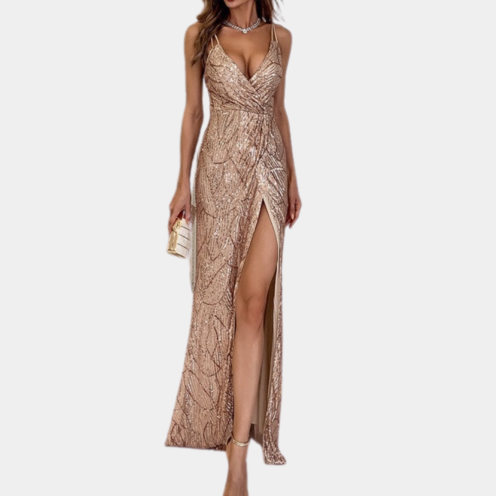 Röd/guld festklänning för dam med paljetter. En elegant aftonklänning som ger dig en glamorös look på sommarfesten.