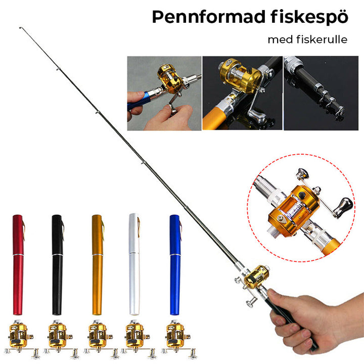 "Fickformat fiskespö för sport och utomhus, kompakt design, bärbart, korrosionsbeständigt med justerbara handtag."