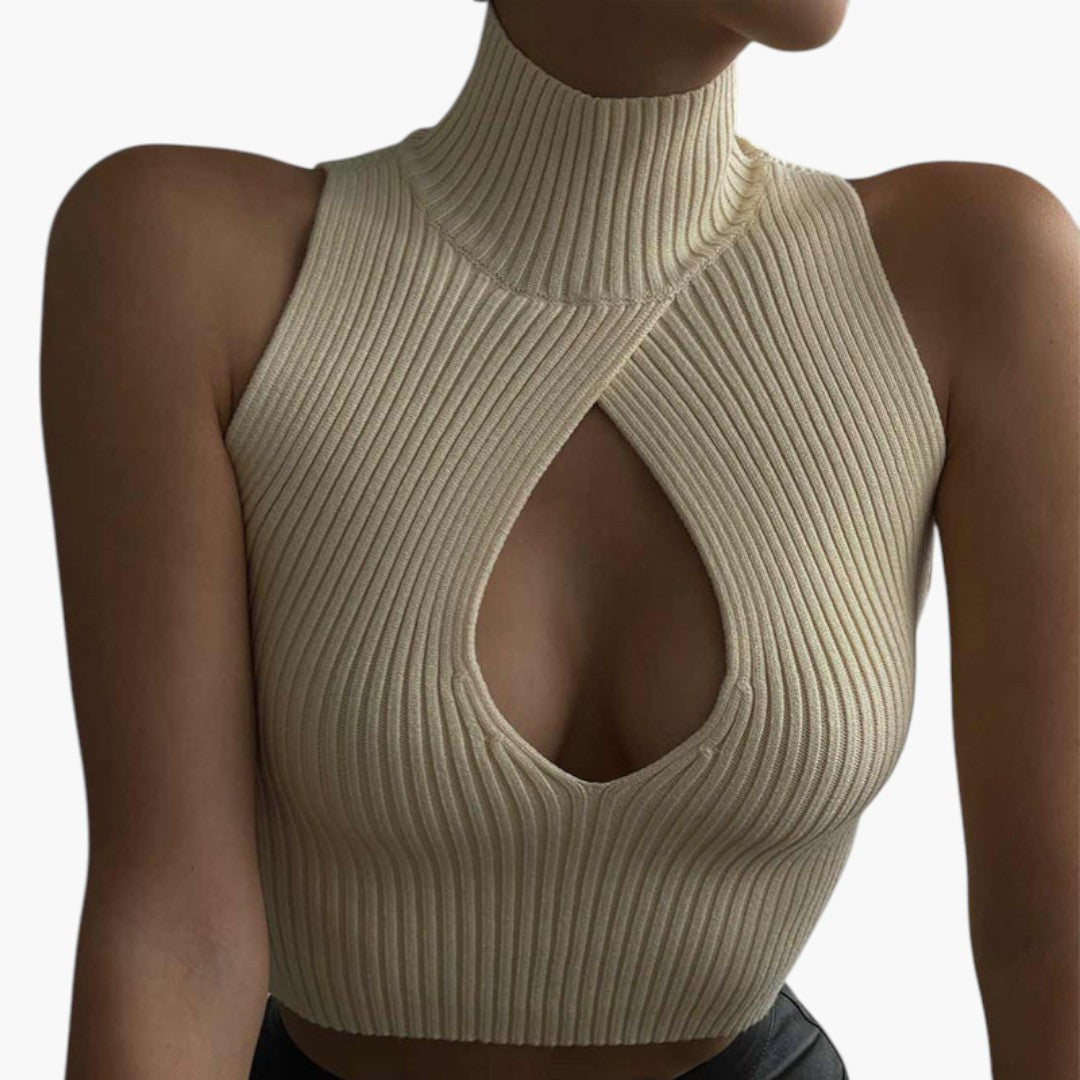 Trendig croppad topp med chic utskärning & hög krage. Ärmlös ribbad design, stilren festtopp.