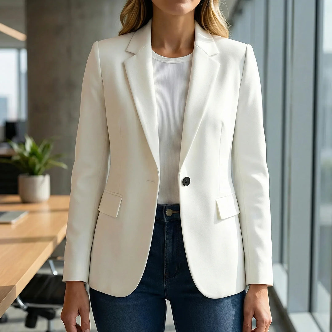 Figursydd damkavaj Isla med stretch. Elegant och stilren blazer för kontoret, perfekt passform och komfort.
