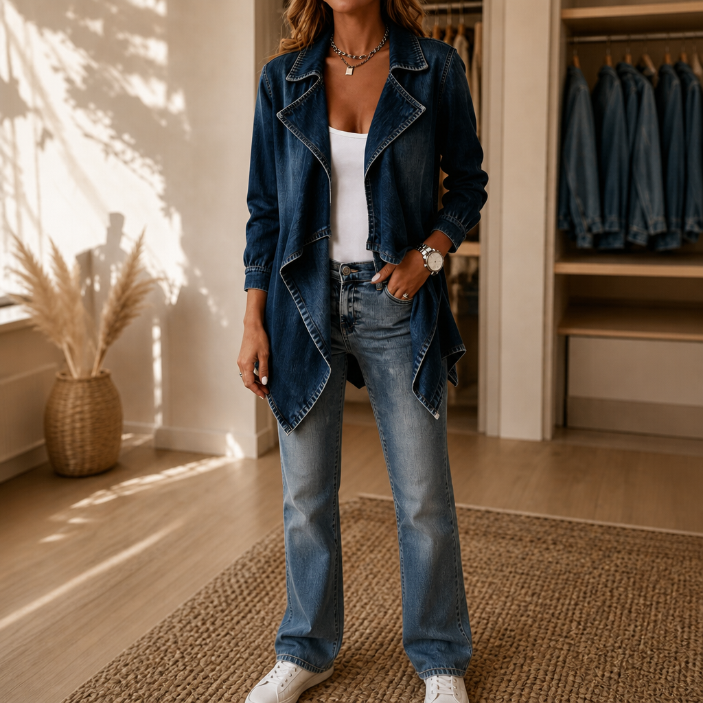 Baksida av lång och snygg vardagsjacka i denim för damer