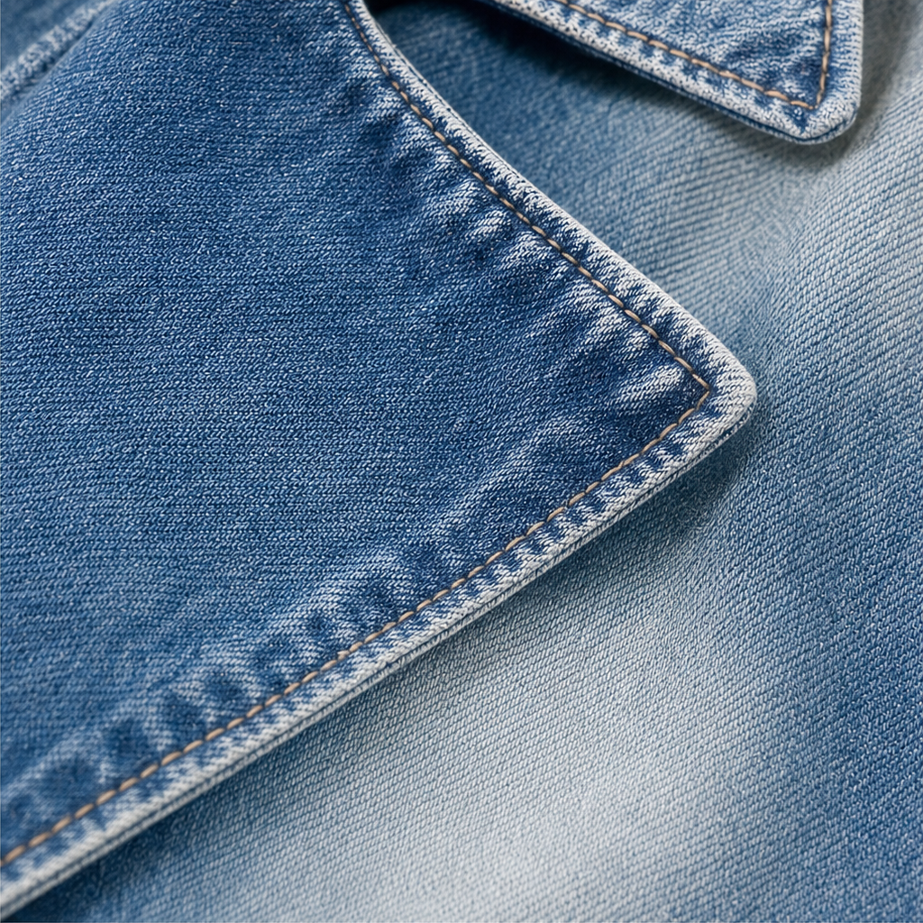 Moderna vardagskläder: blå lång denimjacka med öppen front framifrån