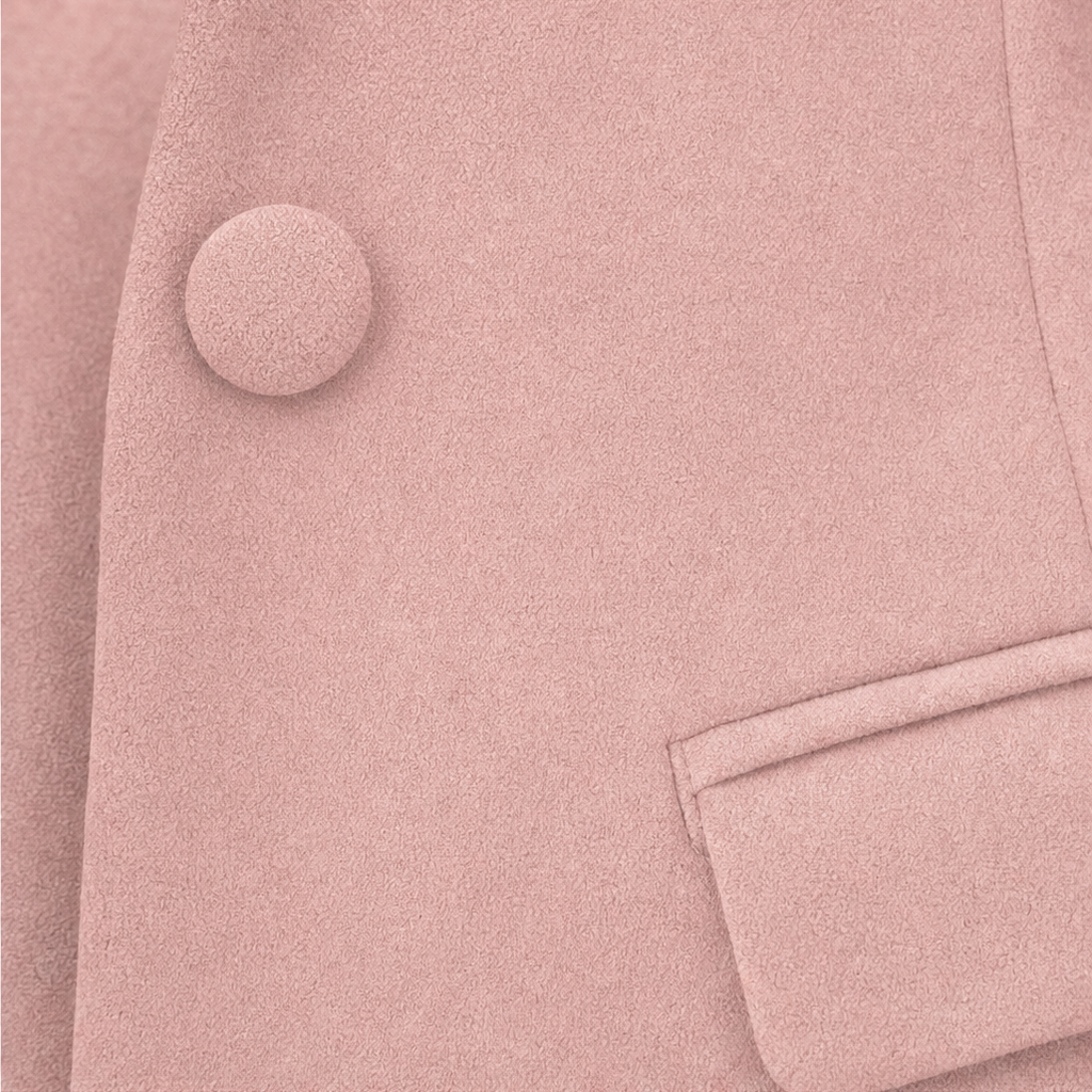 Detaljbild på krage och slag på den rosa damkavajen för modemedvetna