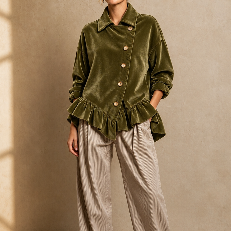 Helhetsbild på olivgrön festtopp med asymmetrisk design och volang