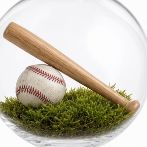 Julgranstillbehör i form av en rund sportkula med baseballmönster