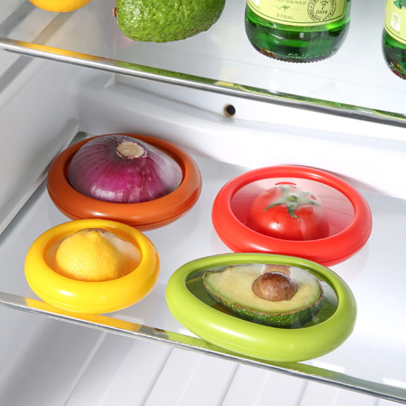 Filmförvaringsbox för frukt, livsmedelsgodkänd plast, skyddar halva frukter, flera former, kompakt köksförvaring.