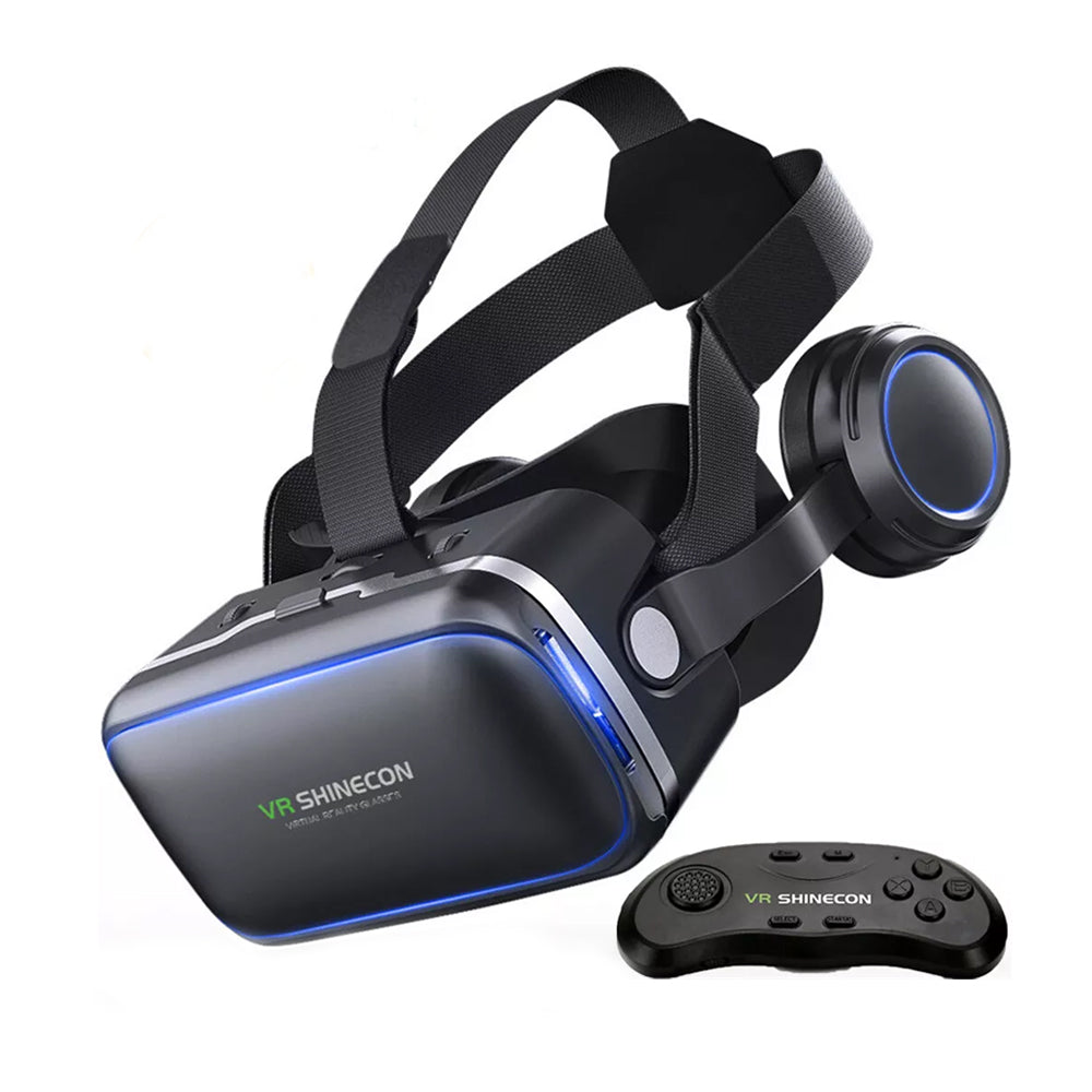 Svart 360° VR-headset med tillhörande trådlös Bluetooth-fjärrkontroll