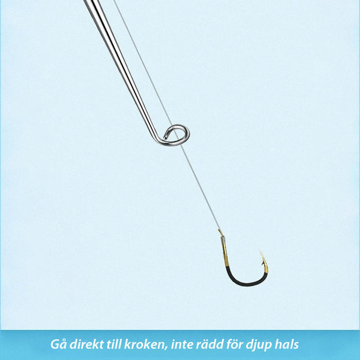 "Fiskekrokborttagare i rostfritt stål och aluminium, kompakt design, säkert och effektivt verktyg för fisketur."
