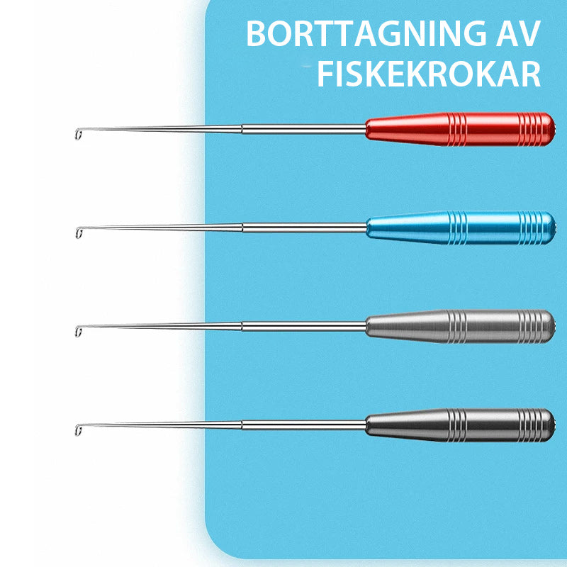 "Fiskekrokborttagare i rostfritt stål och aluminium, kompakt design, säkert och effektivt verktyg för fisketur."
