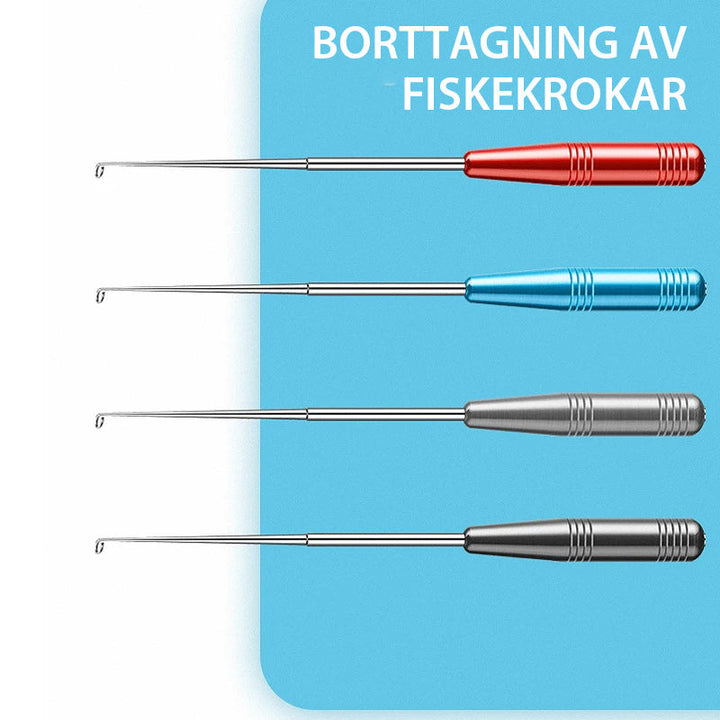 "Fiskekrokborttagare i rostfritt stål och aluminium, kompakt design, säkert och effektivt verktyg för fisketur."