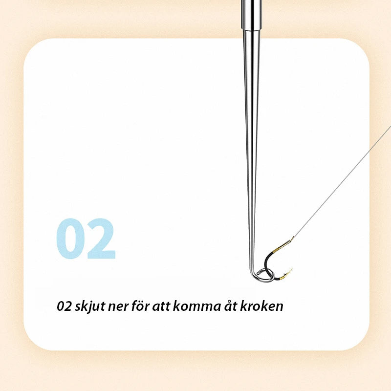"Fiskekrokborttagare i rostfritt stål och aluminium, kompakt design, säkert och effektivt verktyg för fisketur."