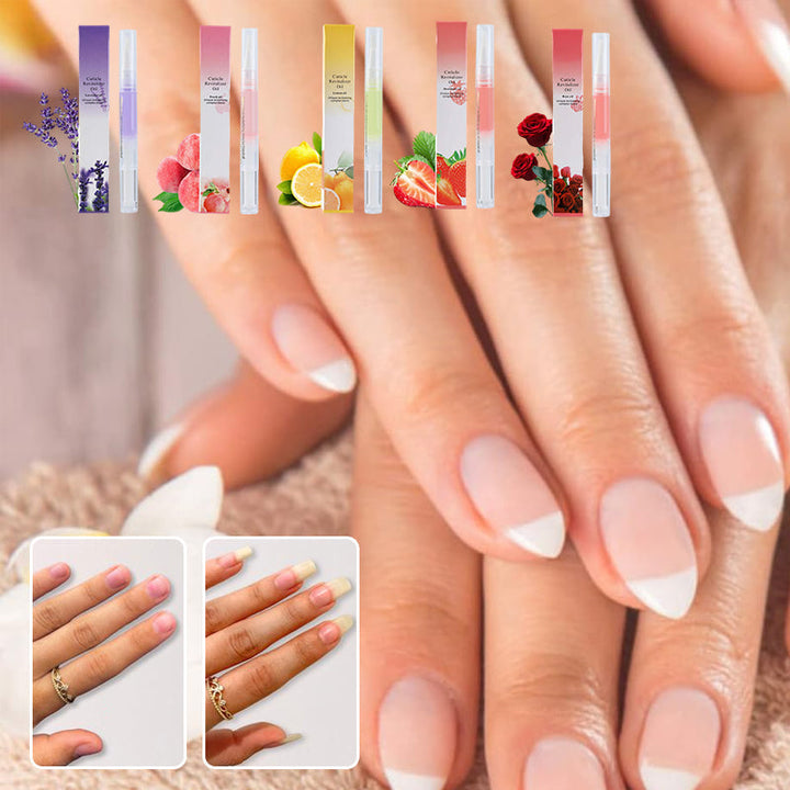 "Flaska med näringsrik nageltillväxtolja, innehållande E-vitamin och B7, omgiven av färgglada bakgrunder och dofter."