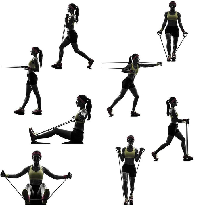 "Flera träningsband i färger, naturlig latex, multi-resistans 5-30 LB, anti-glid skumhandtag, sport och fitness."