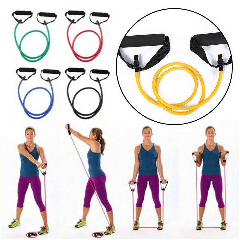 "Flera träningsband i färger, naturlig latex, multi-resistans 5-30 LB, anti-glid skumhandtag, sport och fitness."