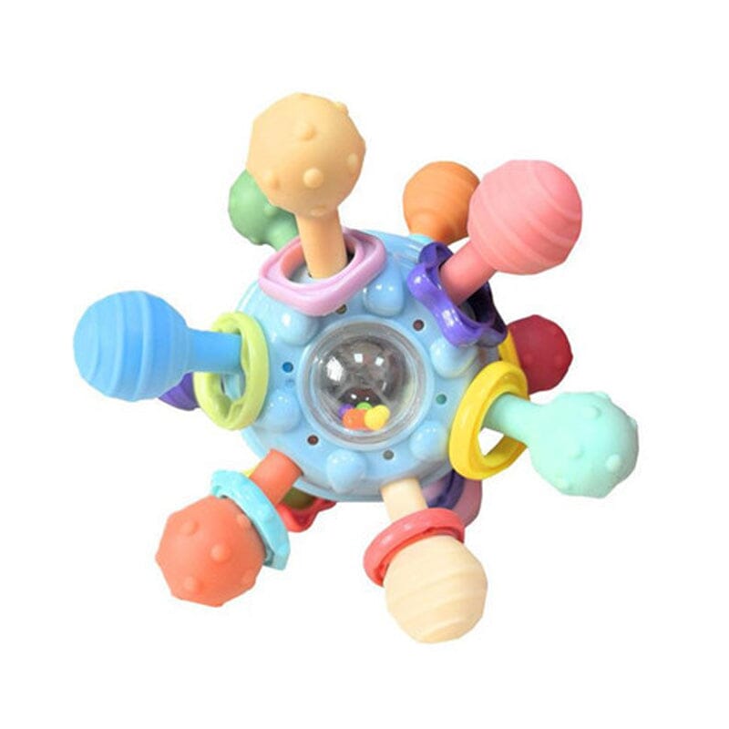 Flerfärgade babyleksaker med tandvänlig design, atomform och texturerade tuggpunkter för sensorisk stimulans.