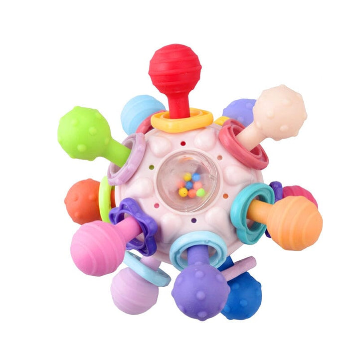Flerfärgade babyleksaker med tandvänlig design, atomform och texturerade tuggpunkter för sensorisk stimulans.