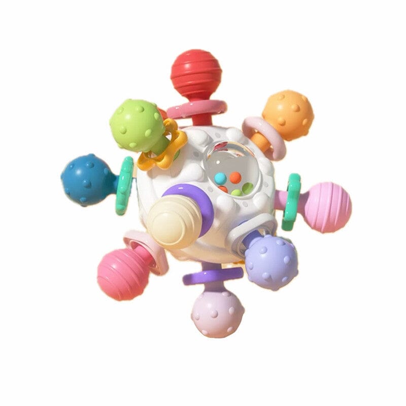Flerfärgade babyleksaker med tandvänlig design, atomform och texturerade tuggpunkter för sensorisk stimulans.