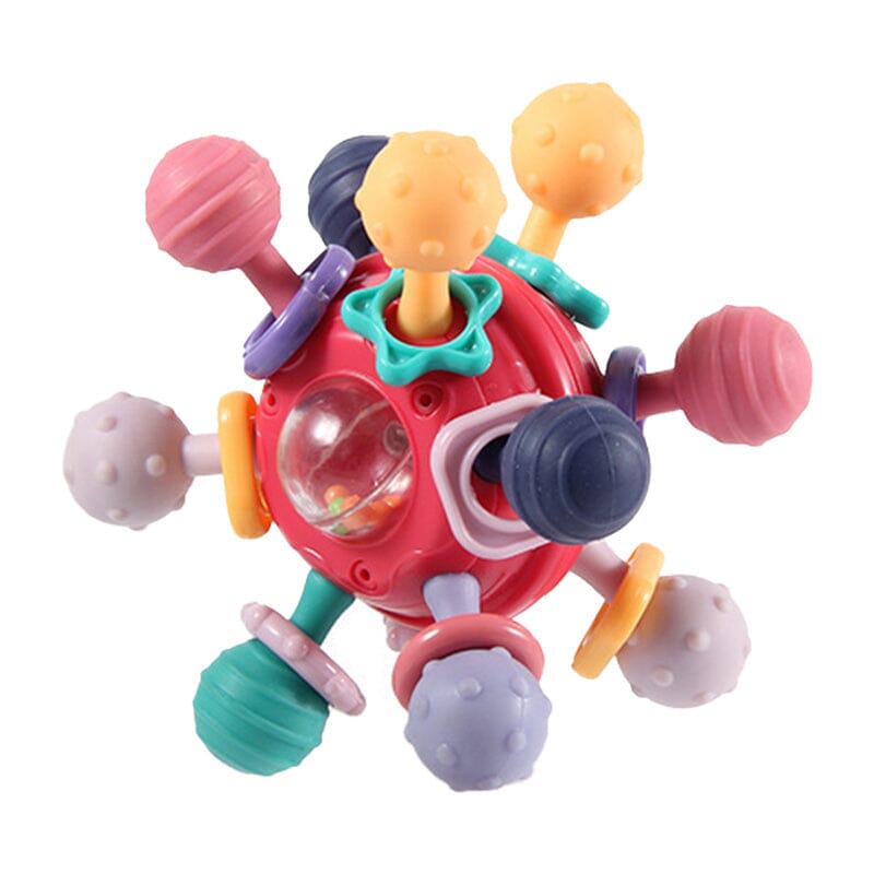Flerfärgade babyleksaker med tandvänlig design, atomform och texturerade tuggpunkter för sensorisk stimulans.