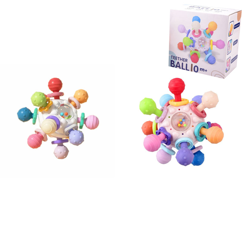 Flerfärgade babyleksaker med tandvänlig design, atomform och texturerade tuggpunkter för sensorisk stimulans.