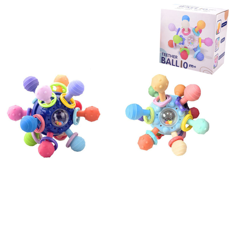 Flerfärgade babyleksaker med tandvänlig design, atomform och texturerade tuggpunkter för sensorisk stimulans.