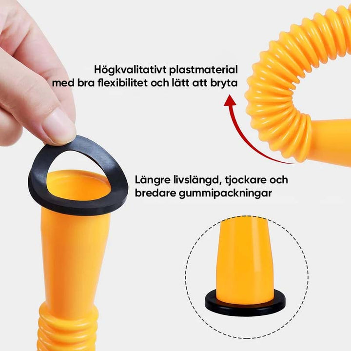 Flexibel pip för bensindunk i böjbart PP-material med gängade rör, förenklar säker och spillsäker bränsleöverföring.