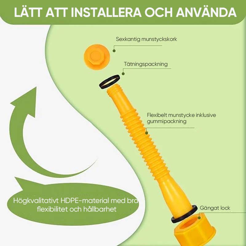 Flexibel pip för bensindunk i böjbart PP-material med gängade rör, förenklar säker och spillsäker bränsleöverföring.