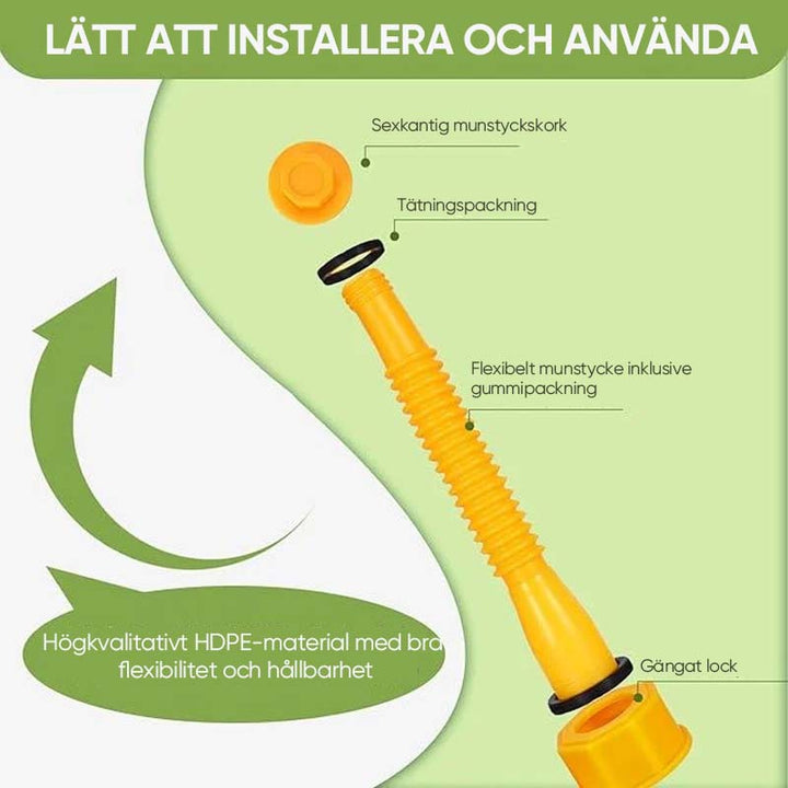 Flexibel pip för bensindunk i böjbart PP-material med gängade rör, förenklar säker och spillsäker bränsleöverföring.