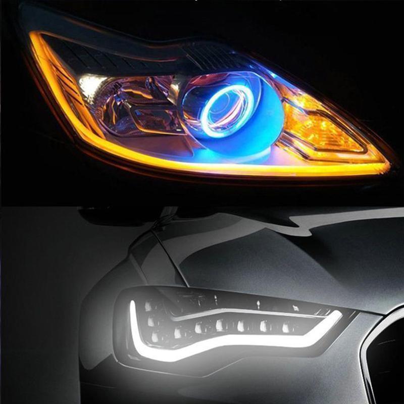 "Flexibel DRL LED-belysning för bil, vit och gul, vattentät och enkel att installera för säker och stilren exteriör."