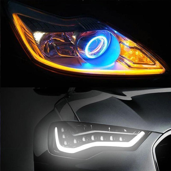 "Flexibel DRL LED-belysning för bil, vit och gul, vattentät och enkel att installera för säker och stilren exteriör."