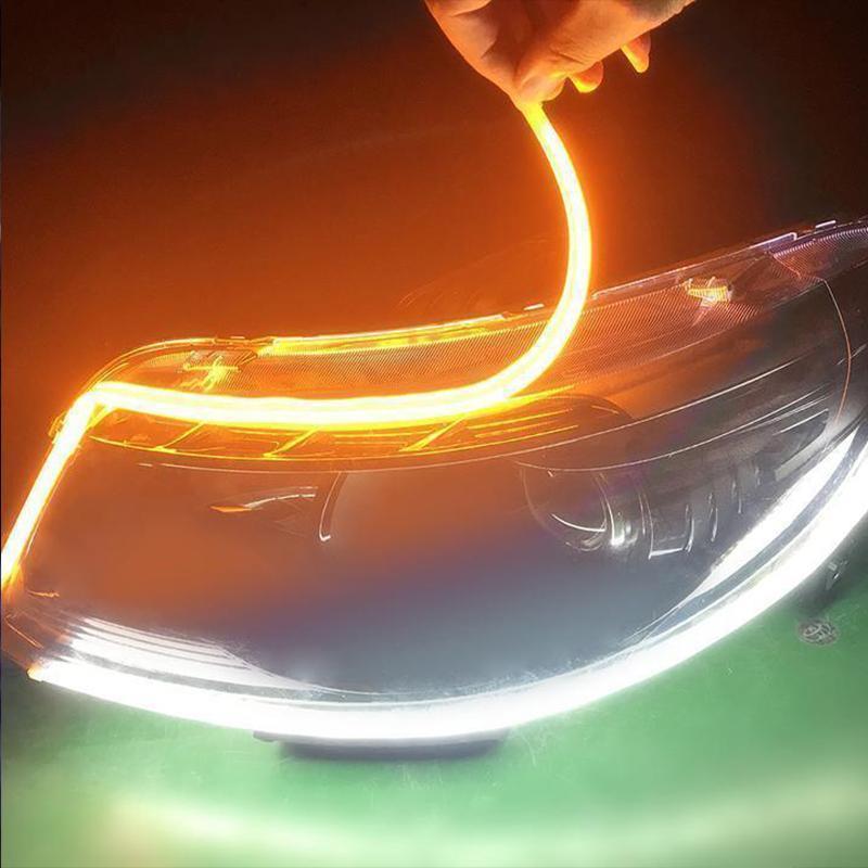 "Flexibel DRL LED-belysning för bil, vit och gul, vattentät och enkel att installera för säker och stilren exteriör."