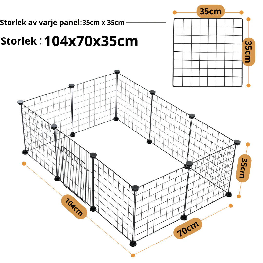 Modulär djurhage för inomhusbruk. Lätt att anpassa storlek och form för valpar och smådjur.