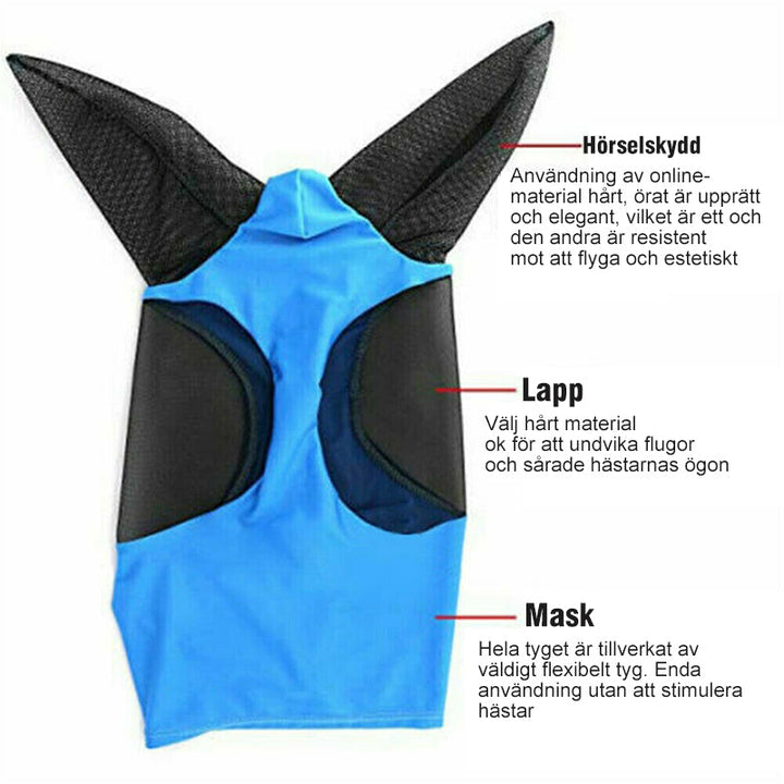 "Flugskydd för häst i blå mesh, ergonomisk passform, UV-skydd, ventilation, perfekt för klar sikt och komfort."