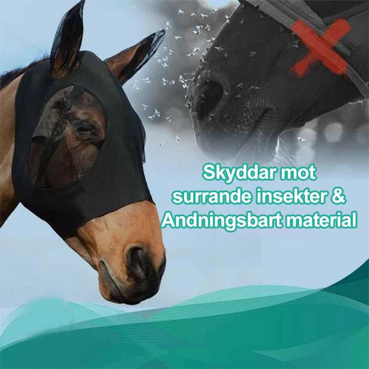 "Flugskydd för häst i blå mesh, ergonomisk passform, UV-skydd, ventilation, perfekt för klar sikt och komfort."