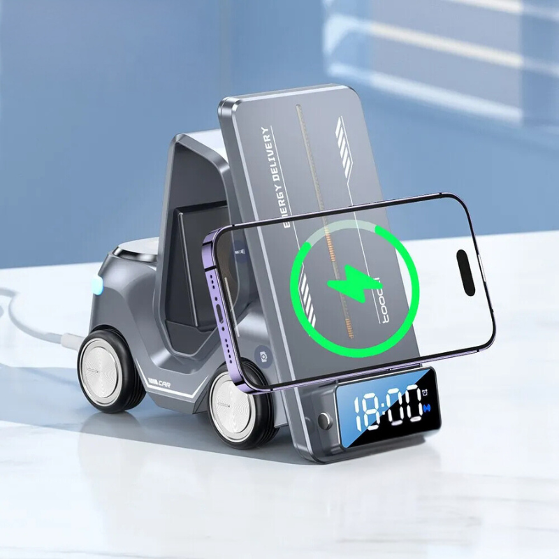 Gaffeltruck-designad trådlös laddare med telefon på laddning