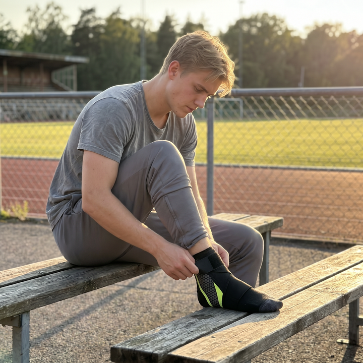Man som sätter på sig ett svart fotledsstöd med grön accent på en bänk utomhus