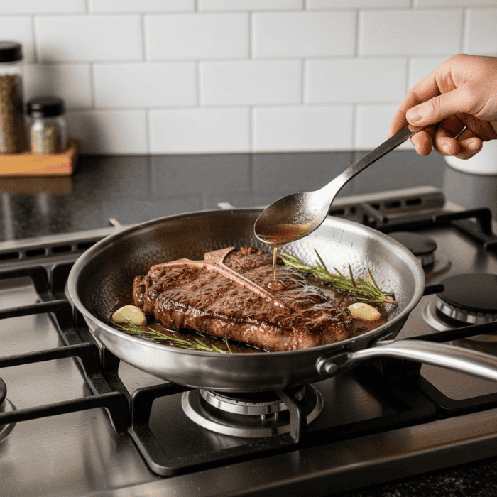 Stekpanna i rostfritt stål med köttbit som steker på induktionshäll
