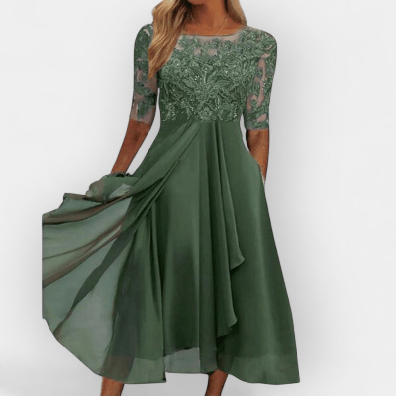 Grön elegant midi-klänning för dam med rund halsringning