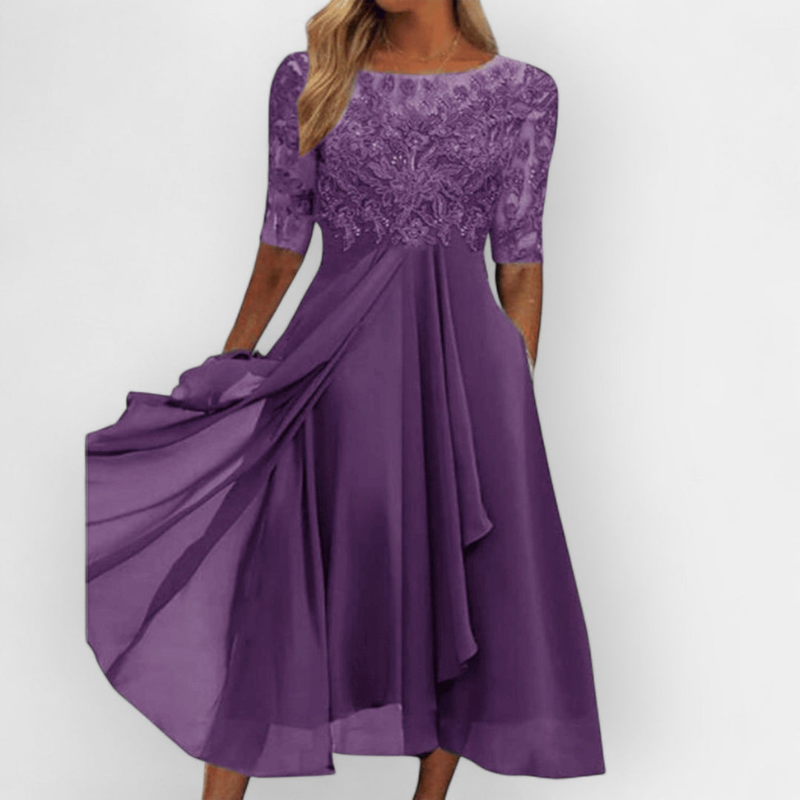 Lila elegant midi-klänning för dam med utsvängd kjol