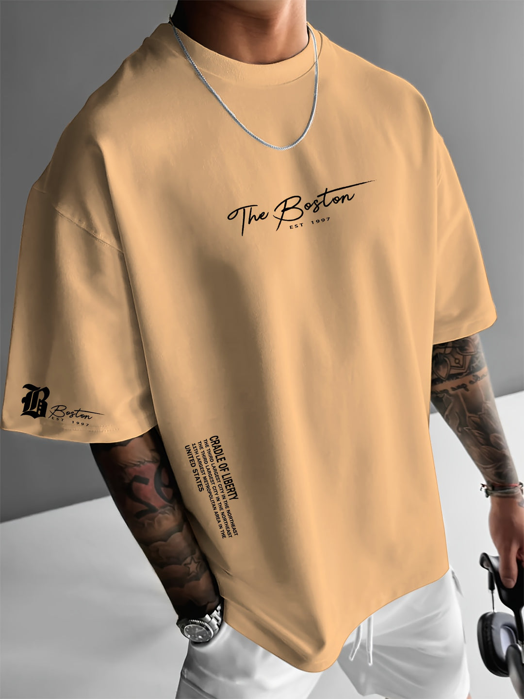 Aprikosfärgad herr t-shirt oversized med tryck